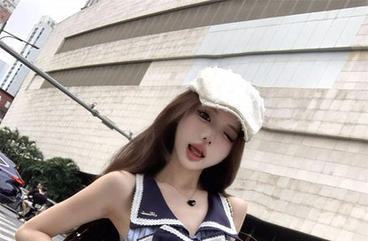 Sleeveless Blouse A-Line Pleated Bow Skirt Striped High Rise Mini Collar /