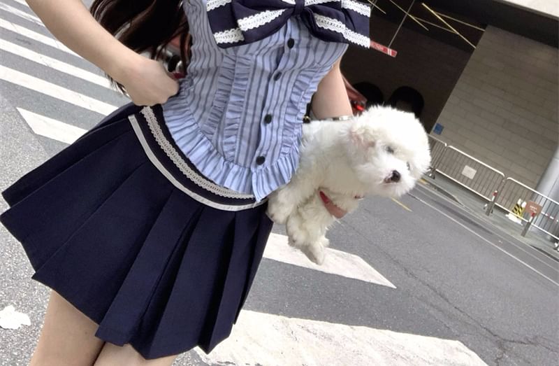 Sleeveless Blouse A-Line Pleated Bow Skirt Striped High Rise Mini Collar /