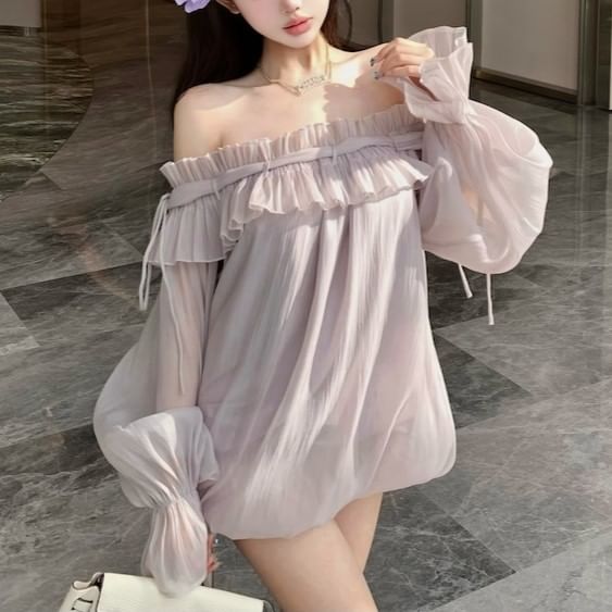 Tunic Long-Sleeve Ruffle Plain Off-Shoulder Blouse Trim