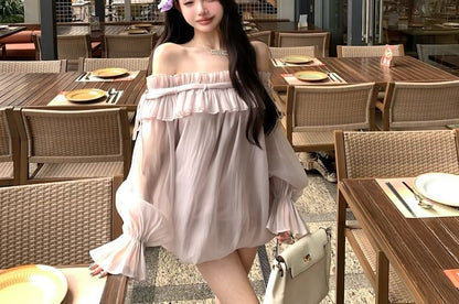 Tunic Long-Sleeve Ruffle Plain Off-Shoulder Blouse Trim