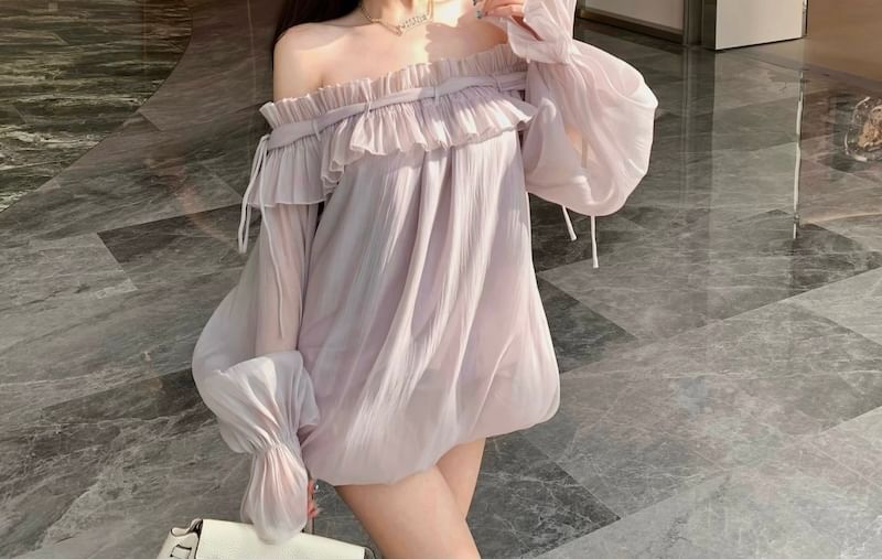 Tunic Long-Sleeve Ruffle Plain Off-Shoulder Blouse Trim