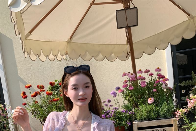 Ruffle Dress Trim / Lace Spaghetti Cardigan Strap A-Line Bow Panel Melange Mini Ruched