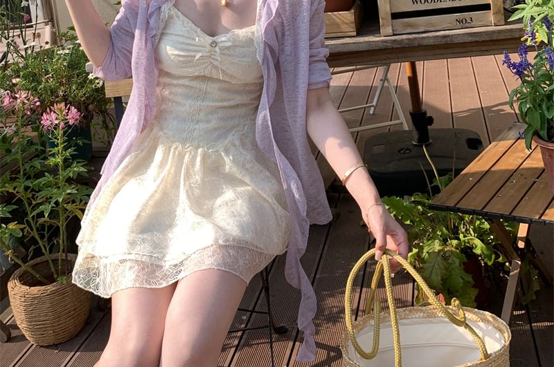 Ruffle Dress Trim / Lace Spaghetti Cardigan Strap A-Line Bow Panel Melange Mini Ruched