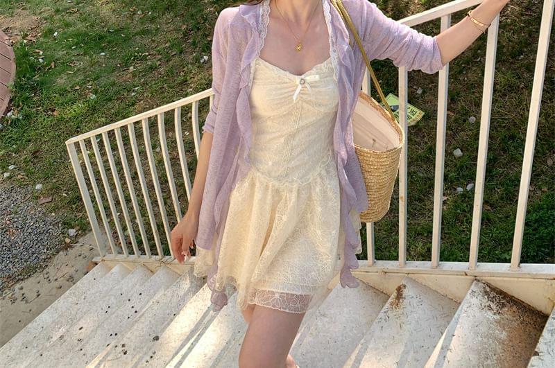 Ruffle Dress Trim / Lace Spaghetti Cardigan Strap A-Line Bow Panel Melange Mini Ruched