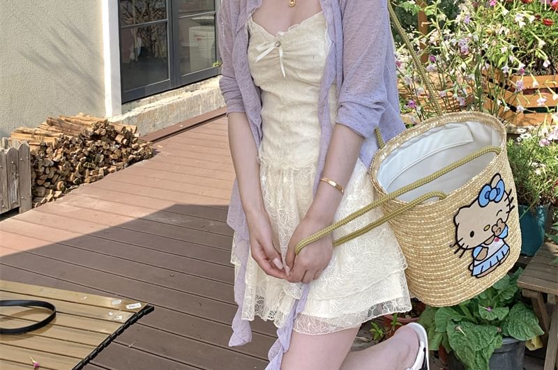 Ruffle Dress Trim / Lace Spaghetti Cardigan Strap A-Line Bow Panel Melange Mini Ruched