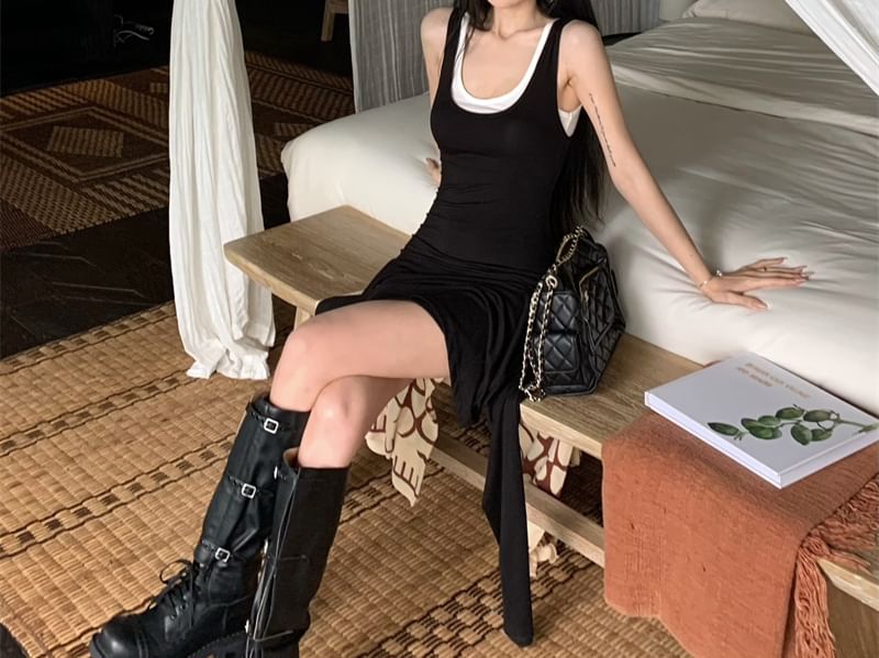 Plain Top Sleeveless Tank Mini Slim Neck Bodycon Scoop Asymmetrical Set: Fit + Dress