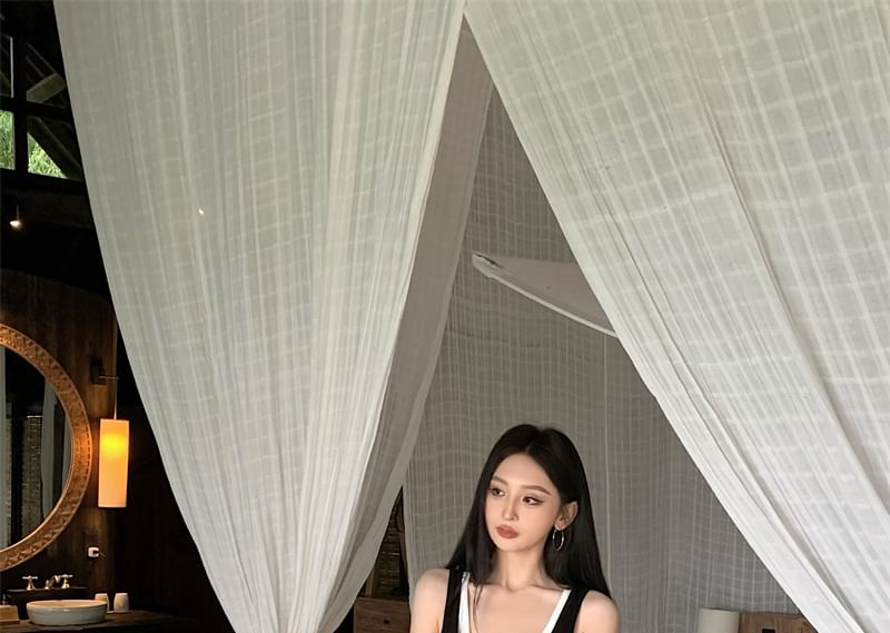 Plain Top Sleeveless Tank Mini Slim Neck Bodycon Scoop Asymmetrical Set: Fit + Dress