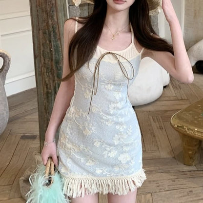 Dress Fringed Mock Floral Strap Mini Bodycon Two-Piece Spaghetti