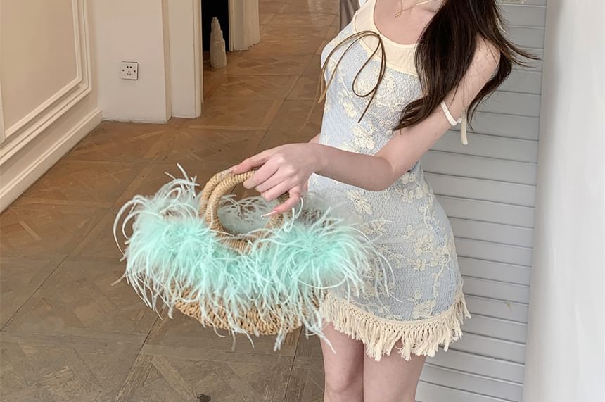 Dress Fringed Mock Floral Strap Mini Bodycon Two-Piece Spaghetti