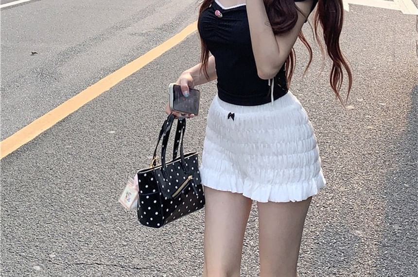 Bow Slim Fit Contrast Cap-Sleeve Crop T-Shirt Trim