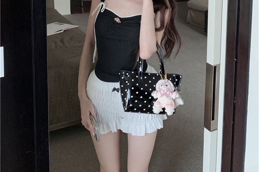 Bow Slim Fit Contrast Cap-Sleeve Crop T-Shirt Trim