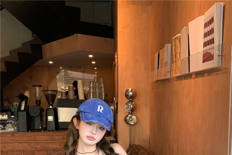 Denim Studded Pencil Belted Set: Button Waist Slim Top Fit + Crop Camisole Skirt Frayed Halter High Mini