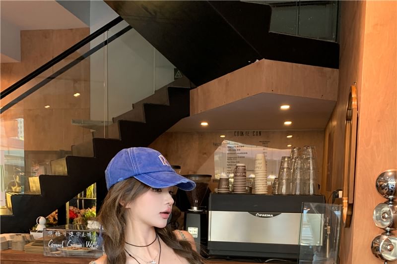 Denim Studded Pencil Belted Set: Button Waist Slim Top Fit + Crop Camisole Skirt Frayed Halter High Mini