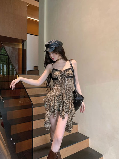 A-Line Mini Leopard Strap Asymmetrical Trim Print Lace Dress Spaghetti