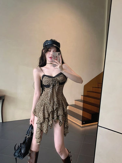 A-Line Mini Leopard Strap Asymmetrical Trim Print Lace Dress Spaghetti