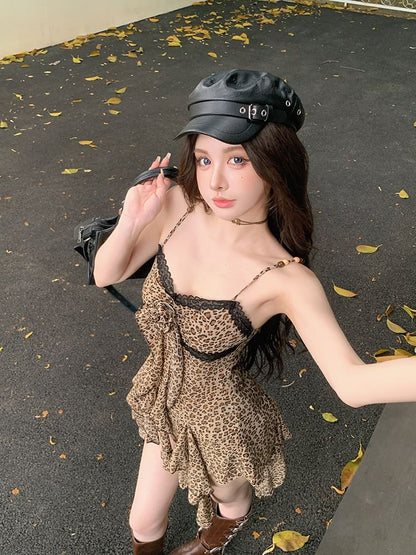 A-Line Mini Leopard Strap Asymmetrical Trim Print Lace Dress Spaghetti