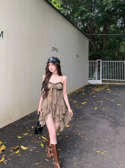 A-Line Mini Leopard Strap Asymmetrical Trim Print Lace Dress Spaghetti