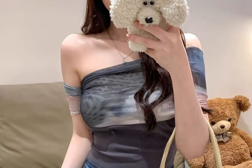 Mesh Slim Color Off-Shoulder Top Fit Block Short-Sleeve