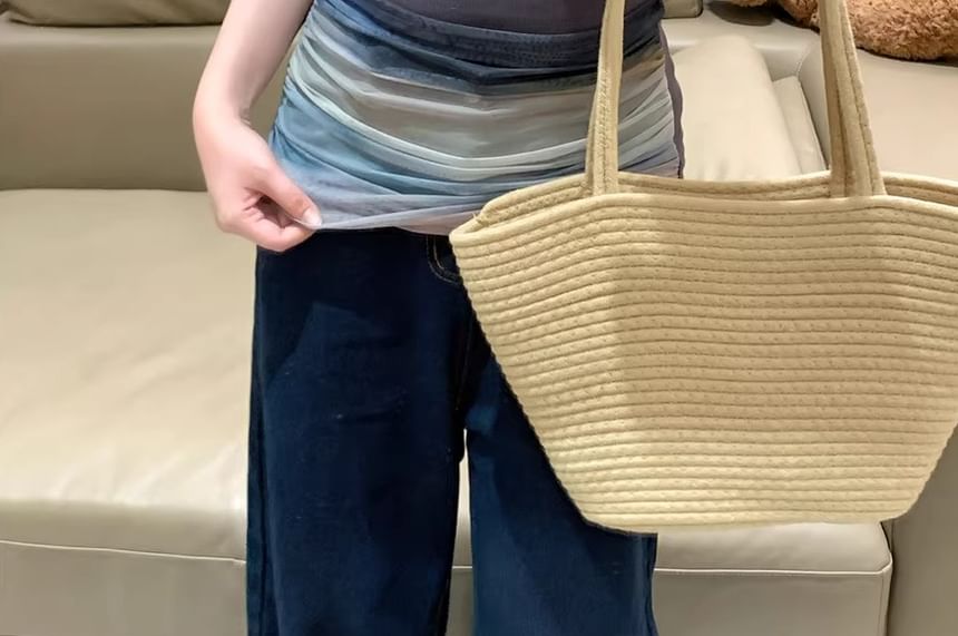 Mesh Slim Color Off-Shoulder Top Fit Block Short-Sleeve