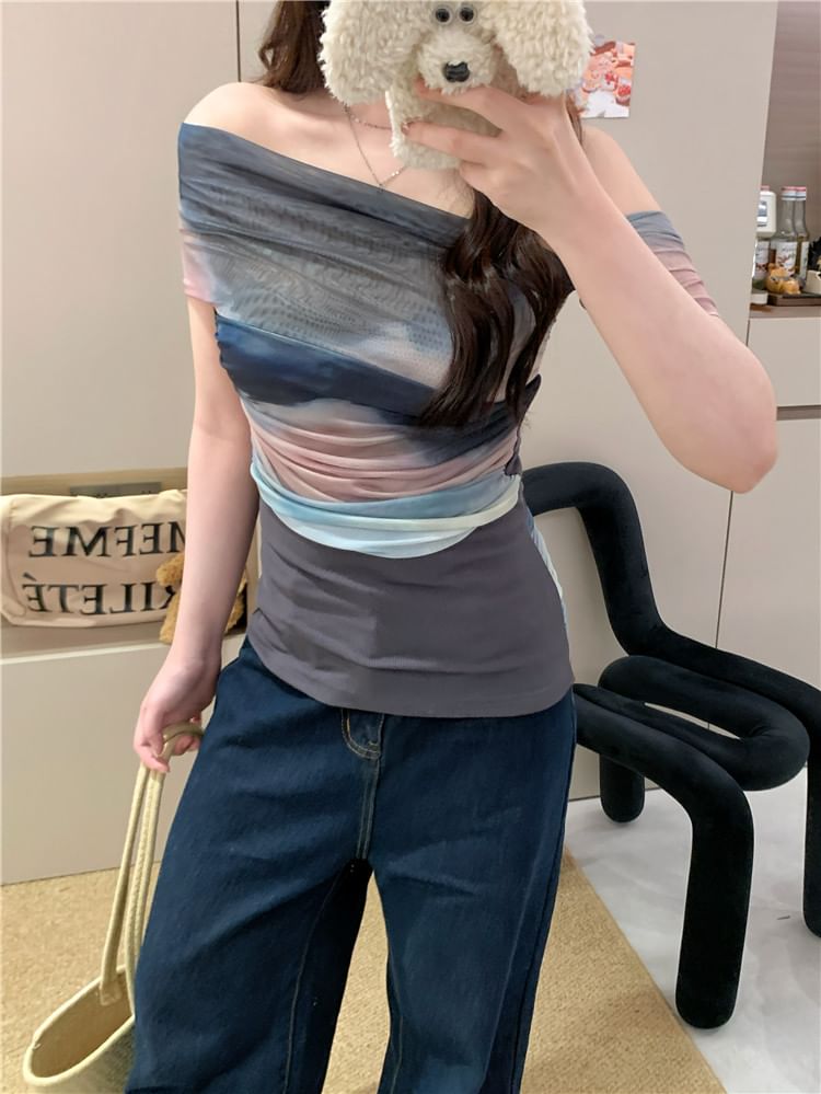 Mesh Slim Color Off-Shoulder Top Fit Block Short-Sleeve