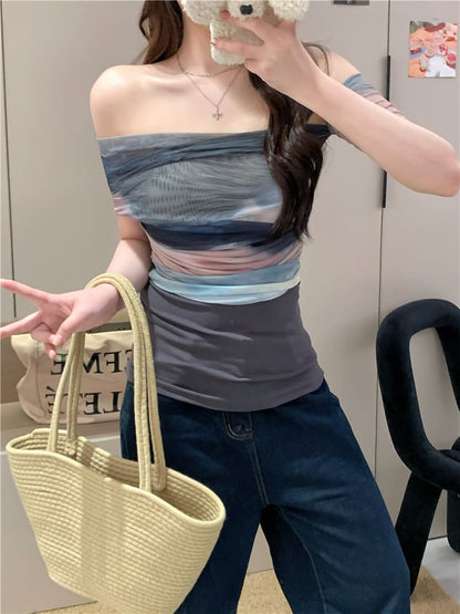 Mesh Slim Color Off-Shoulder Top Fit Block Short-Sleeve
