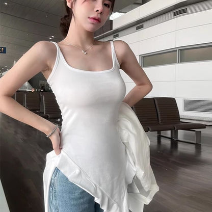 Neck Long Ruffle Tank Top Square Trim Asymmetrical Slim Fit Plain