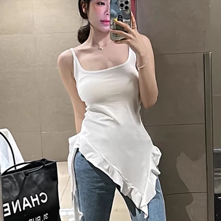 Neck Long Ruffle Tank Top Square Trim Asymmetrical Slim Fit Plain