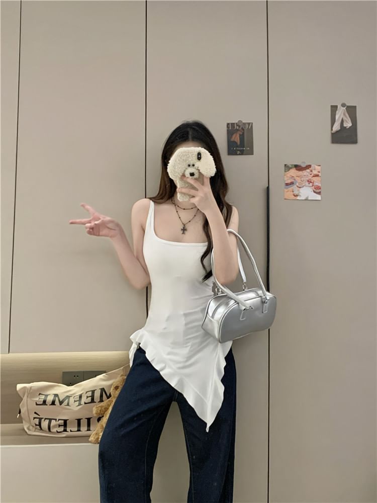Neck Long Ruffle Tank Top Square Trim Asymmetrical Slim Fit Plain