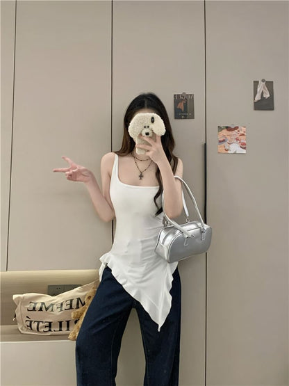 Neck Long Ruffle Tank Top Square Trim Asymmetrical Slim Fit Plain