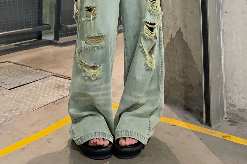 Jeans High Wide Washed Leg Rise Ripped