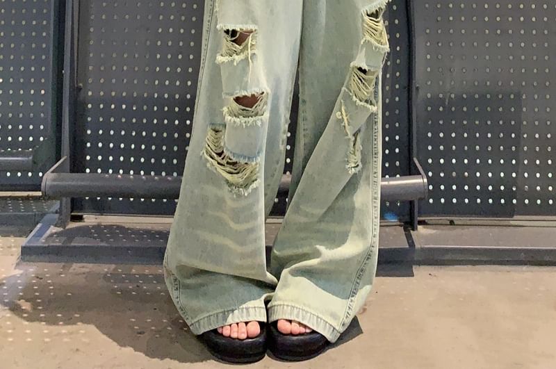 Jeans High Wide Washed Leg Rise Ripped