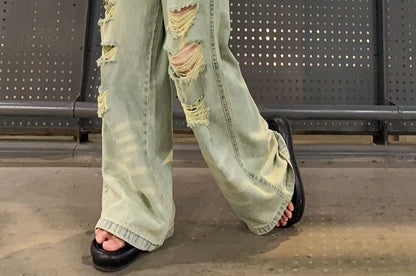 Jeans High Wide Washed Leg Rise Ripped