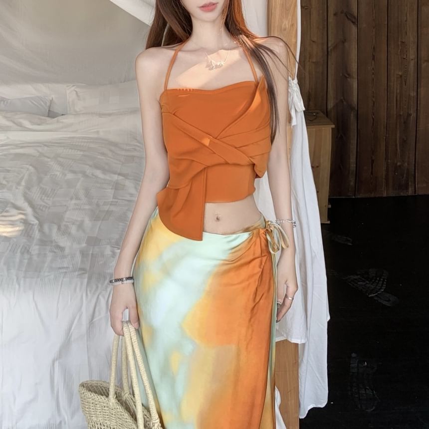 Crop Halter Slim / Fit Rise Tie A-Line Top Cami Wrap Plain Skirt Mid Knot Maxi Dye