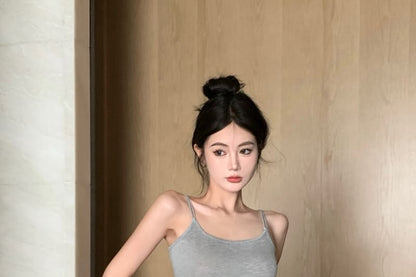 Crop Top Melange Set Slim Skirt Mini Elastic Cardigan Waist Drawstring / Fit Camisole Pencil