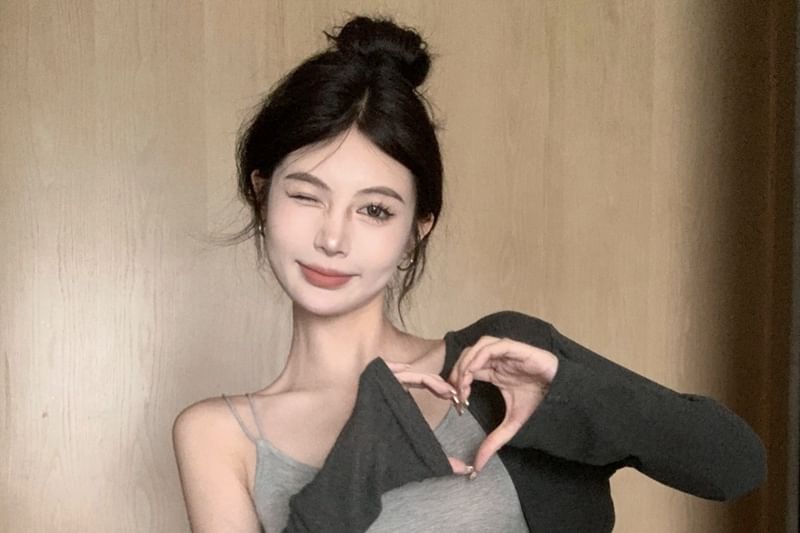 Crop Top Melange Set Slim Skirt Mini Elastic Cardigan Waist Drawstring / Fit Camisole Pencil