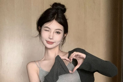 Crop Top Melange Set Slim Skirt Mini Elastic Cardigan Waist Drawstring / Fit Camisole Pencil