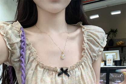 Trim Ruffle T-Shirt Fit Square Bow Short-Sleeve Neck Slim