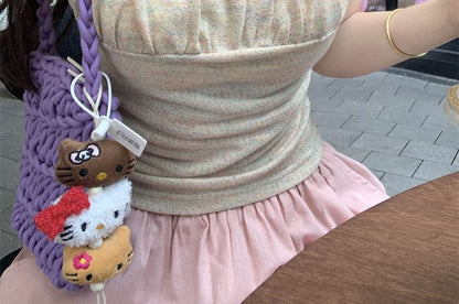 Trim Ruffle T-Shirt Fit Square Bow Short-Sleeve Neck Slim