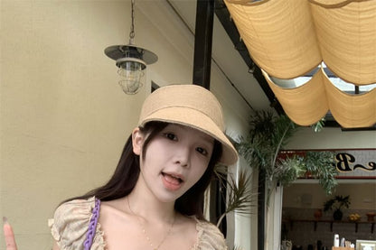 Trim Ruffle T-Shirt Fit Square Bow Short-Sleeve Neck Slim