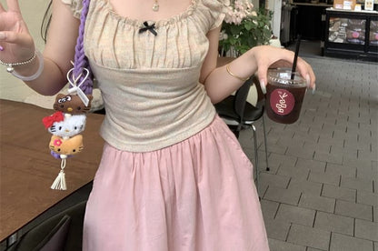 Trim Ruffle T-Shirt Fit Square Bow Short-Sleeve Neck Slim