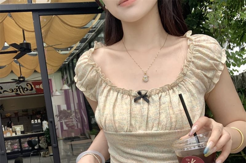 Trim Ruffle T-Shirt Fit Square Bow Short-Sleeve Neck Slim