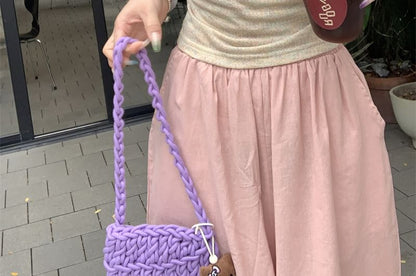 Trim Ruffle T-Shirt Fit Square Bow Short-Sleeve Neck Slim