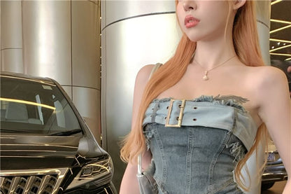 Crop Belted High Waist Mini Top Skirt Denim Tiered A-Line Tube Set: + Asymmetrical