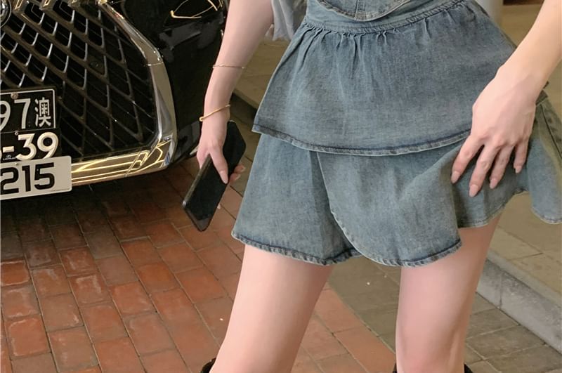 Crop Belted High Waist Mini Top Skirt Denim Tiered A-Line Tube Set: + Asymmetrical