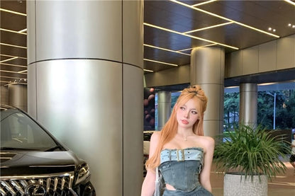 Crop Belted High Waist Mini Top Skirt Denim Tiered A-Line Tube Set: + Asymmetrical