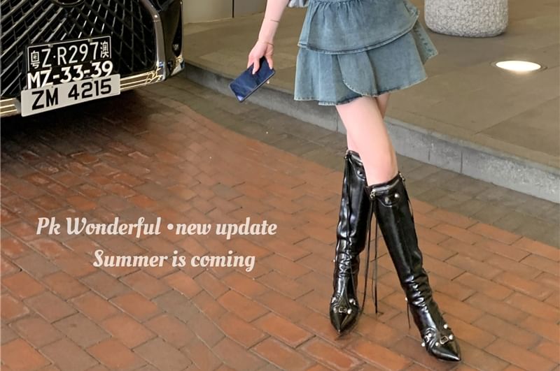 Crop Belted High Waist Mini Top Skirt Denim Tiered A-Line Tube Set: + Asymmetrical