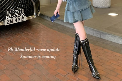 Crop Belted High Waist Mini Top Skirt Denim Tiered A-Line Tube Set: + Asymmetrical