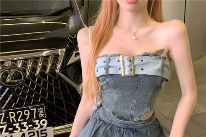 Crop Belted High Waist Mini Top Skirt Denim Tiered A-Line Tube Set: + Asymmetrical