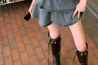 Crop Belted High Waist Mini Top Skirt Denim Tiered A-Line Tube Set: + Asymmetrical