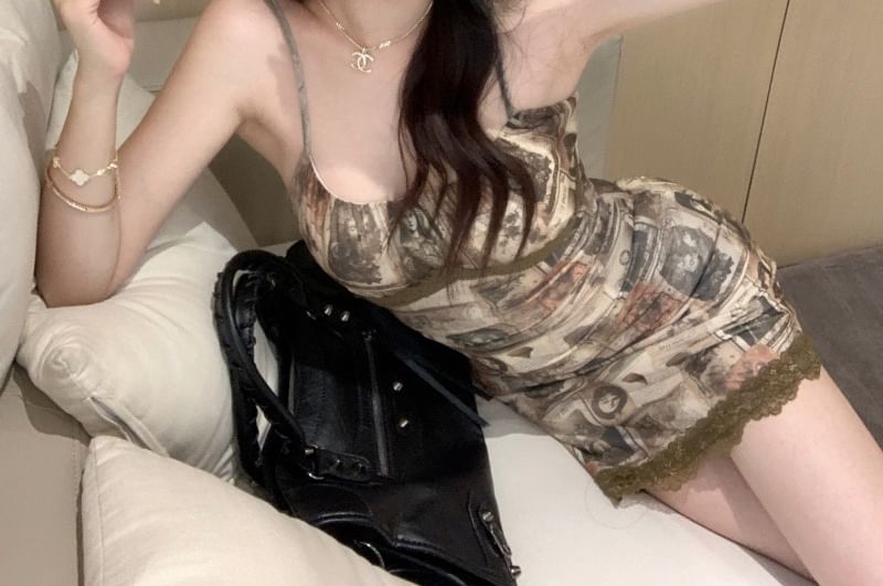 Spaghetti Lace Print Mini Strap Trim Bodycon Dress